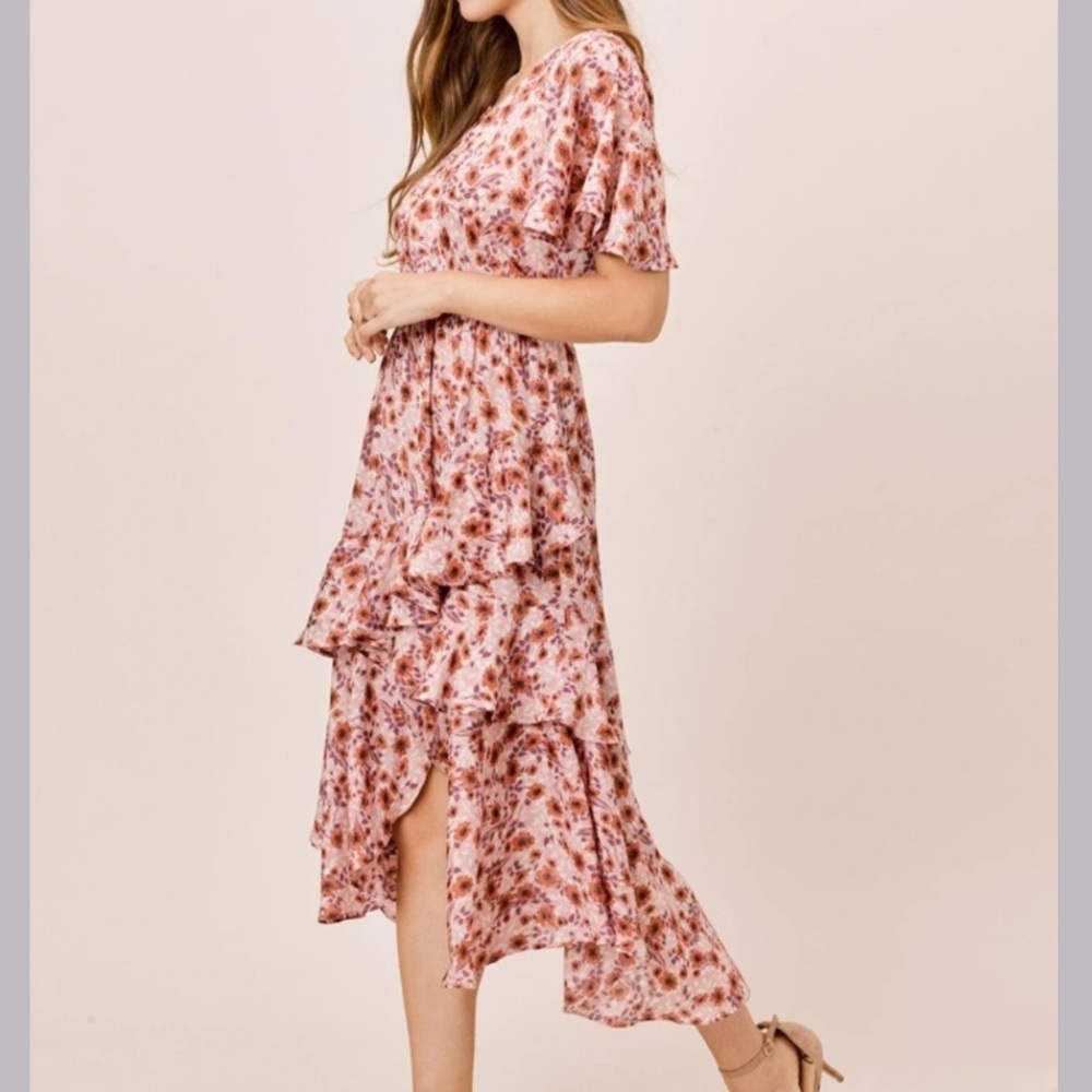 Lovestitch Liliana Ruffle Midi High Low Dress in VintageRose/Auburn